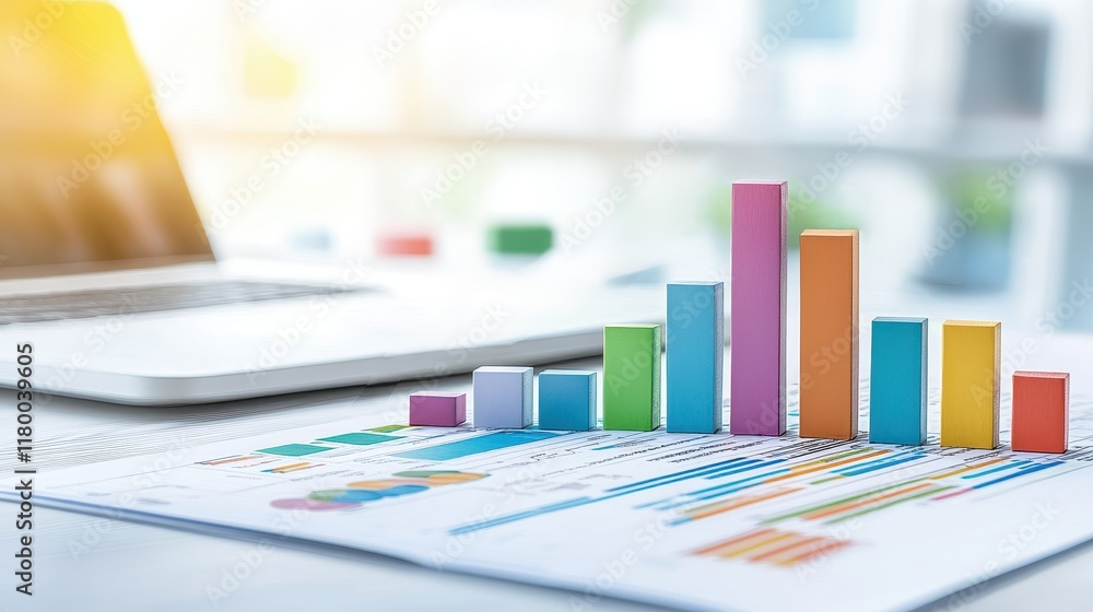 Poster colorful bar graphs on financial report with laptop in background for business analysis and data vis