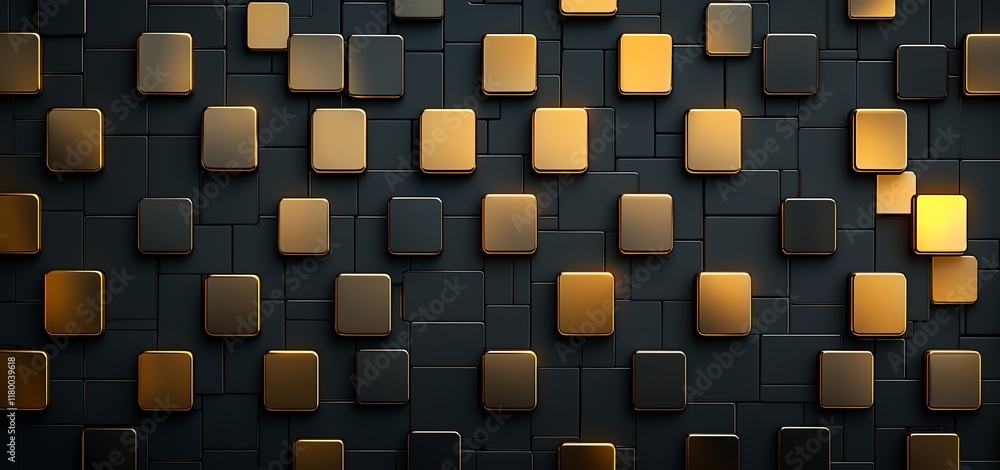 Poster a visually striking abstract background featuring a pattern of metallic squares in gold and black to
