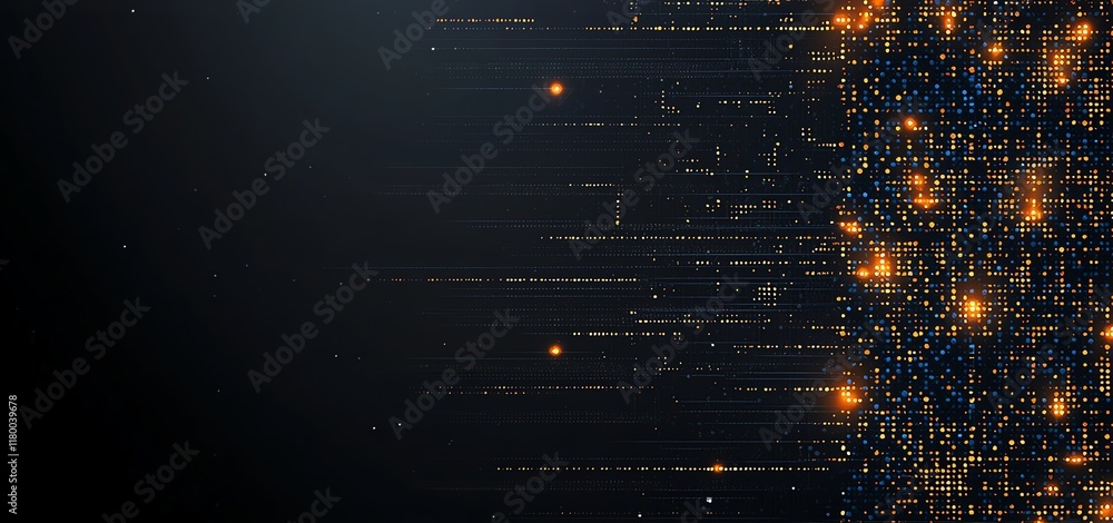 Poster a mesmerizing digital landscape featuring vibrant particles that flow dynamically against a dark bac