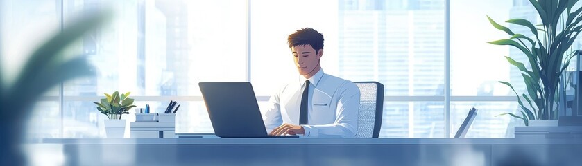 Modern Office Scene with a Young Professional Working on Laptop in Bright and Spacious Environment