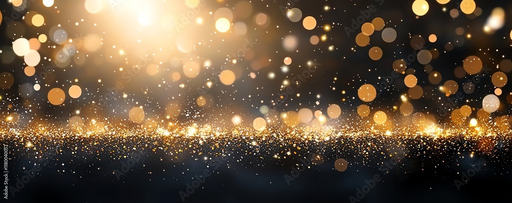 Poster a stunning visual of shimmering golden particles and light bokeh against a dark background, perfect 