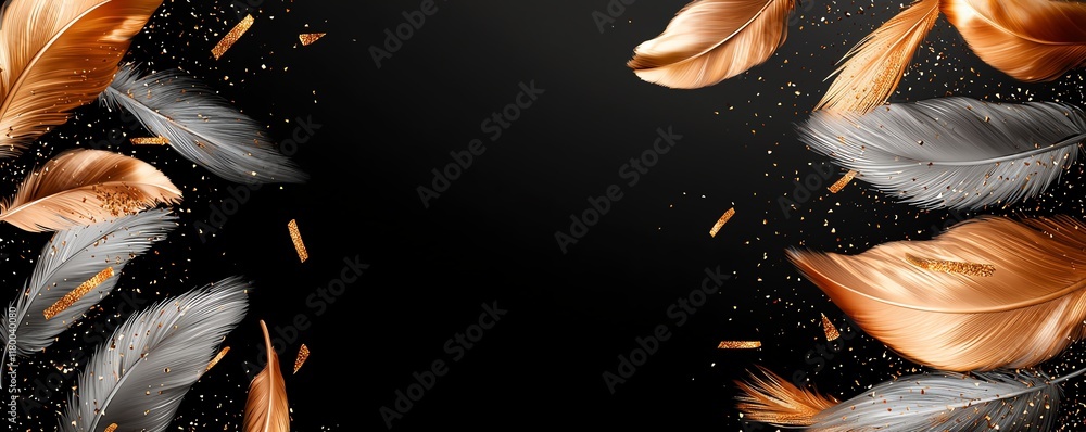 Poster an artistic composition featuring delicate golden and silver feathers scattered against a dark backg