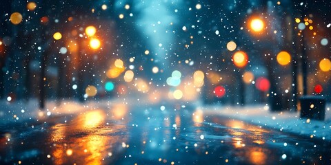 Naklejka premium Blurred winter city background with glowing festive lights and snowy streets, evoking a tranquil and magical urban atmosphere, style book illustration