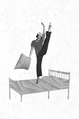 Vertical composite collage photo pajama party invitation woman jumping stretching leg up bedroom...
