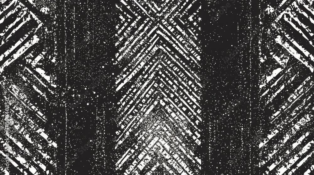 Poster An intricate pattern features bold black and white lines arranged in geometric shapes. The design creates a visually striking and engaging composition full of texture and style