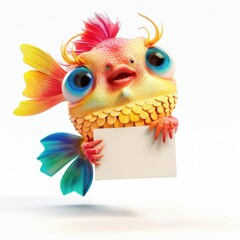 Fototapeta premium A stunning tropical fish in vibrant hues holding a blank sign, perfect for customizing with text for ocean-themed events or tropical resorts.