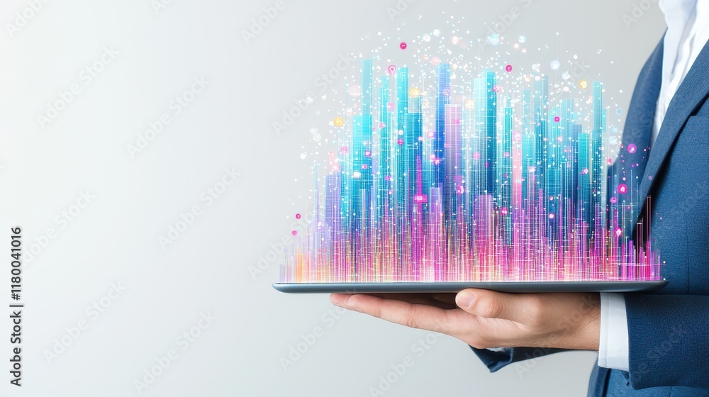 Poster modern technology concept with colorful data visualization on tablet device held by businessman in s