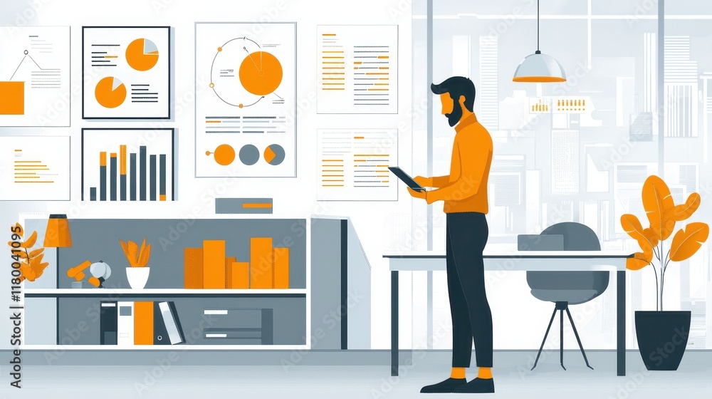 Poster businessman analyzing data in modern office with graphs and charts on the wall surrounded by contemp