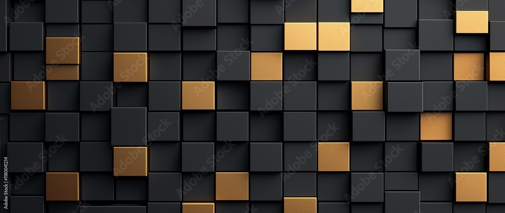 Poster a modern abstract background featuring a textured arrangement of black and gold square blocks. perfe