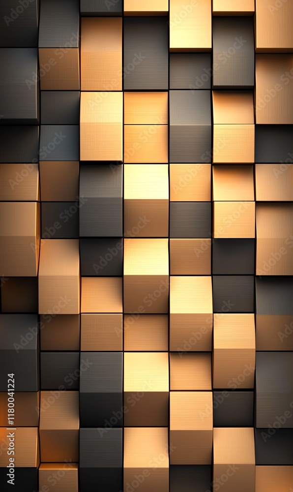 Poster a vibrant and dynamic abstract pattern featuring interlocking cubes in shades of black and gold, cre