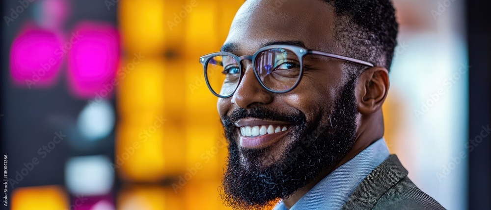 Poster smiling professional man with glasses posing against colorful abstract background in modern office s