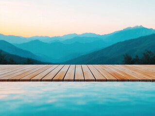 Obraz premium Serene sunset by tranquil pool overlooking mountains at dusk, evoking calmness