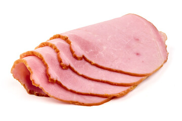 Sliced smoked pork loin, isolated on white background.