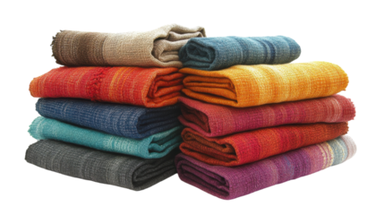 Colorful woven blankets stacked neatly, showcasing vibrant hues and textures in a cozy setting