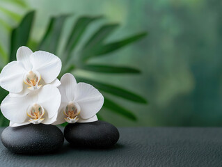 Elegant white orchids arranged on smooth black stones in serene spa setting