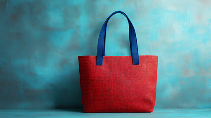 Red tote bag with blue handle for stylish everyday use. Sunwoven. Illustration