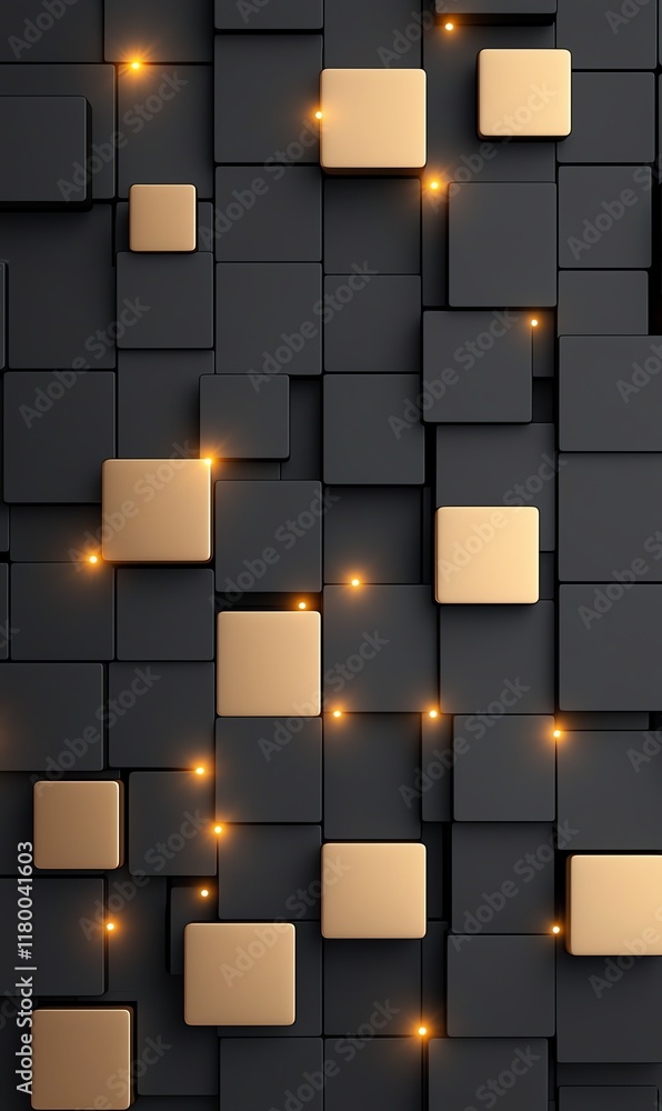 Poster an abstract composition featuring a dark textured wall with 3d geometric blocks. some blocks are ill