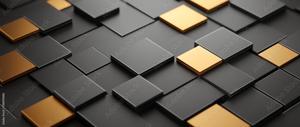 Poster a modern abstract composition featuring sleek black and gold squares creating a dynamic geometric pa