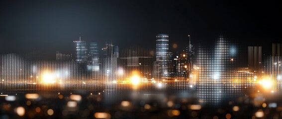 Obraz premium A panoramic view of a modern city skyline at night, illuminated by bright lights and showcasing a blend of contemporary architecture and industrial structures against a dark backgr