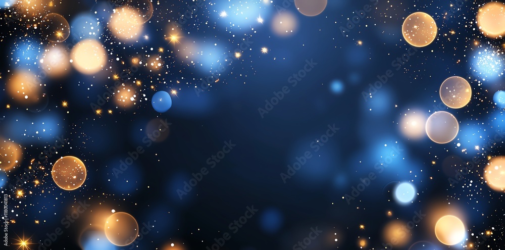 Poster this abstract bokeh background features a soft blend of blue and gold circular lights, creating a dr