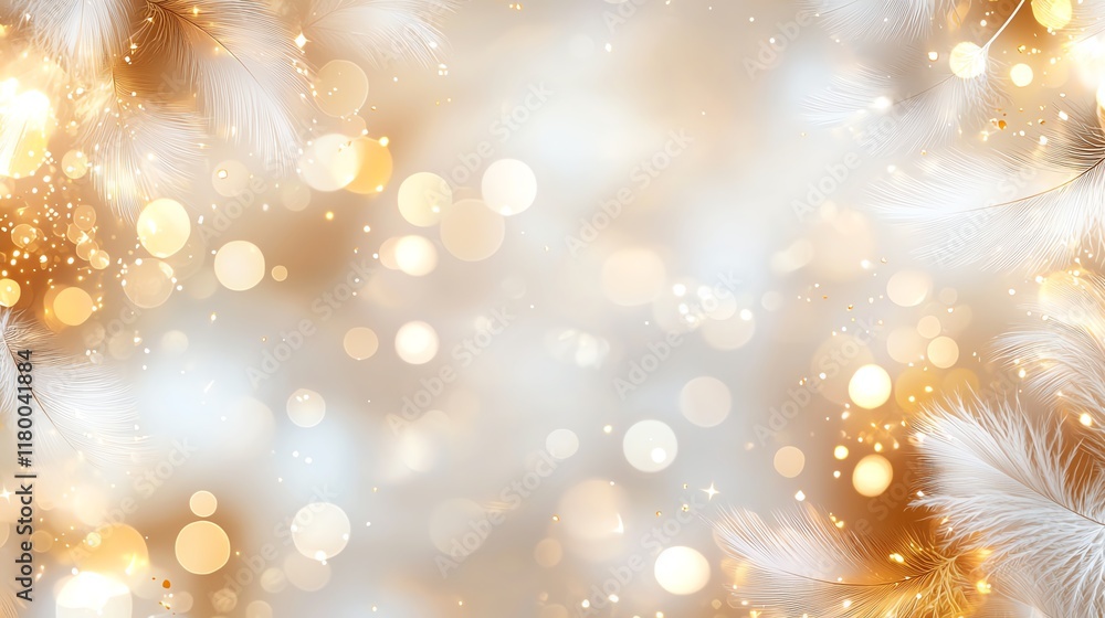 Poster an enchanting background featuring soft golden bokeh lights and delicate feathers, perfect for creat