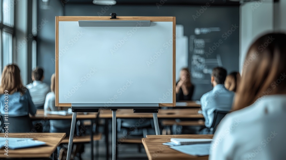 Poster empty whiteboard in modern classroom setting with people attending presentation in blurred backgroun