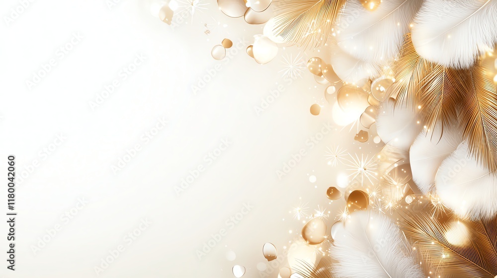 Poster a soft and elegant background featuring delicate feathers and golden circles, perfect for creating a