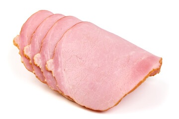 Sliced smoked pork loin, isolated on white background.