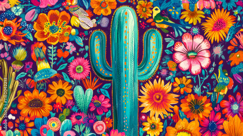 Poster a desert-inspired garden bursts with color featuring a tall cactus surrounded by various flowers. th