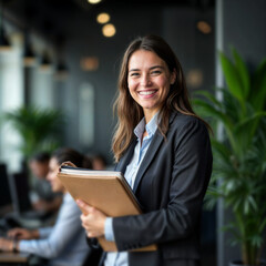 In a corporate setting, a young woman directs her team. She holds important documents with purpose. Her leadership style empowers those around her.