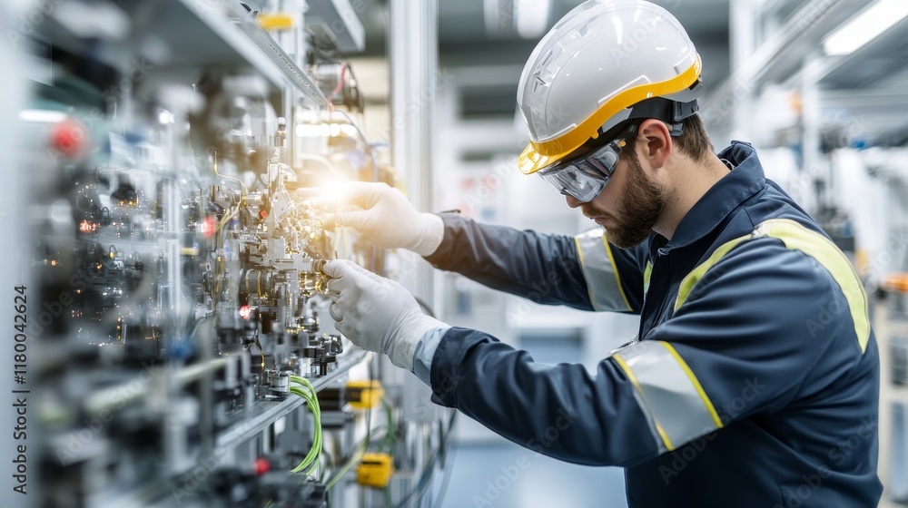 Aufkleber skilled technician working on high-tech machinery in modern industrial facility, focusing intently o