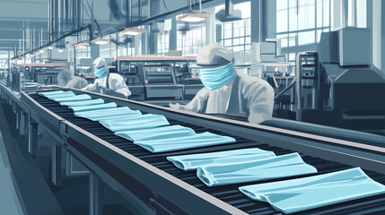 Rows of half-finished face masks on conveyor belt in factory, with machinery and workers' hands in the background, amidst piles of raw materials. Sunwoven. Illustration