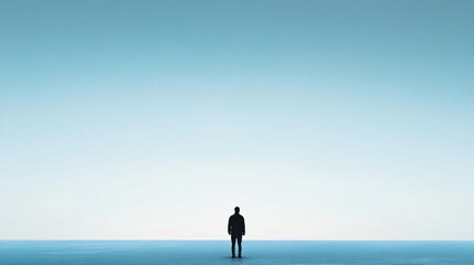 Man stands alone on a beach, looking out at the ocean. The sky is clear and blue, and the water is calm. The scene is peaceful and serene, with the man's presence adding a sense of solitude