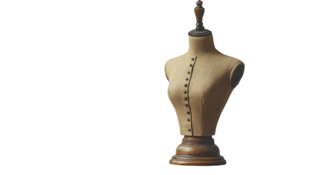 Artistic display of a vintage tailor's dress form in a warm, inviting sewing room setting