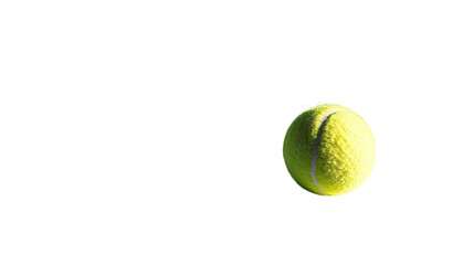 A bright yellow tennis ball bouncing against a clear white background during a sunny day