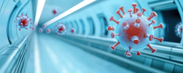 A futuristic scene depicting a virus in a tunnel, symbolizing the ongoing impact of COVID-19 in a stylized, digital environment.