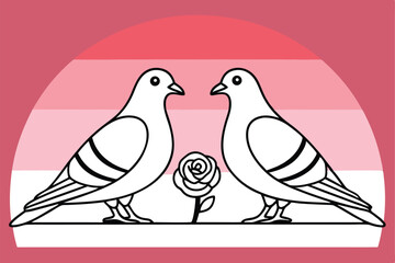 Minimal Black and White Pigeon Couple with Rose Vector Illustration