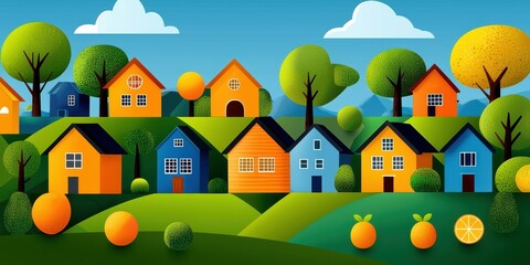 Fototapeta premium A vibrant, colorful illustration of a hillside neighborhood featuring houses, trees, and playful orange elements against a bright blue sky.