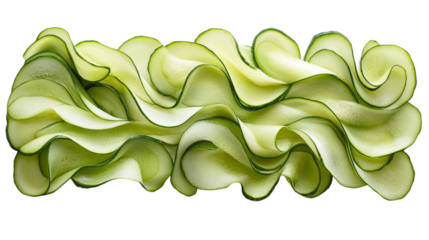 Delicate cucumber ribbons cascading in a wave of vibrant green texture on a white background