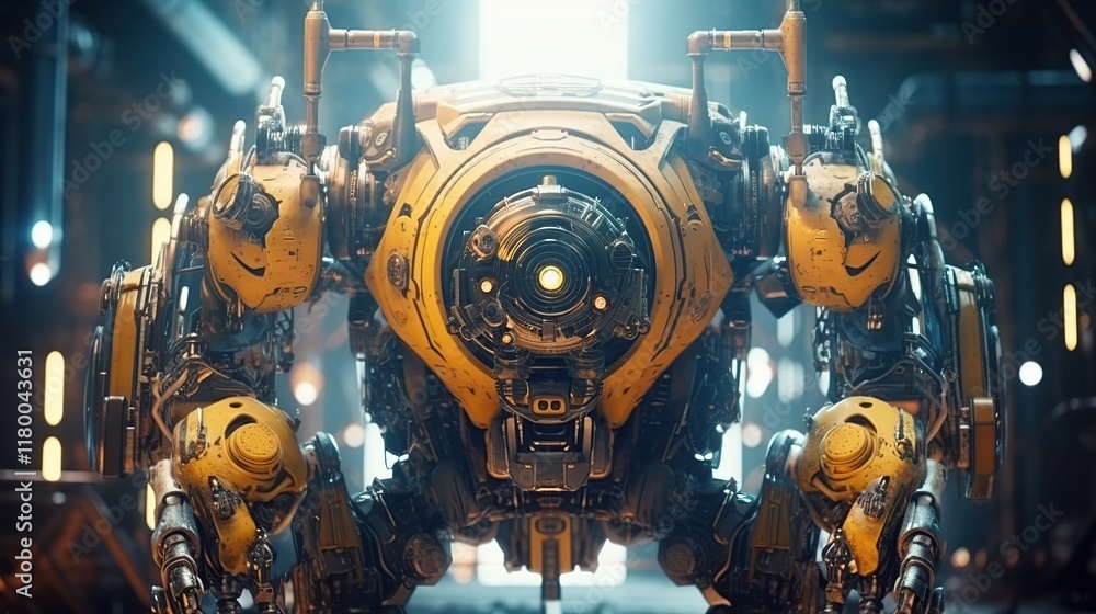Poster futuristic robot design with detailed mechanical features and lights