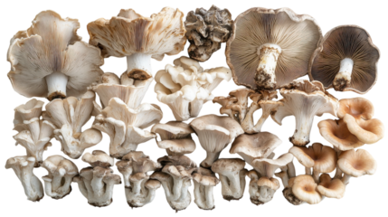 Exploring the diverse varieties of mushrooms in a natural arrangement on a white background