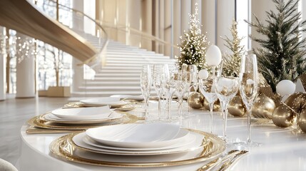 Elegant dining setup with festive decorations and a staircase.