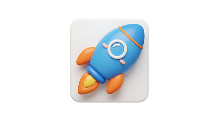 Fototapeta premium 3D Cartoon Rocket Icon: Blue & Orange Gradient, Isometric Design for Social Media