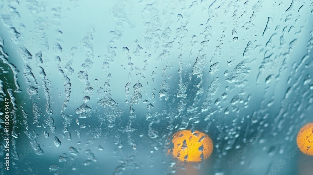 Aufkleber rain running down a car window, creating abstract patterns with blurred headlights