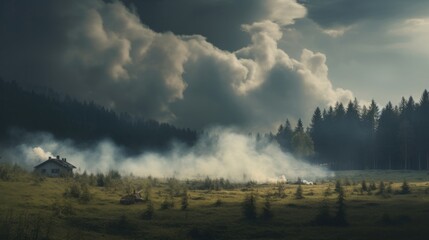 Dramatic Landscape with House and Smoky Clouds in Nature Scene