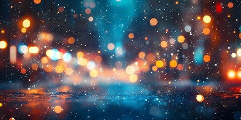 Fototapeta premium Blurred winter city background with glowing festive lights and snowy streets, evoking a tranquil and magical urban atmosphere, style book illustration
