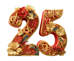 Artistically decorated 25 with Chinese new year style and pattern, gold and red color dominance 3d rendered - isolated png