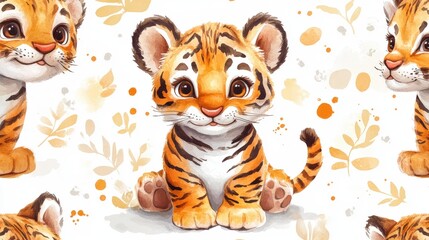 Adorable Baby Tiger Cub Watercolor Seamless Pattern