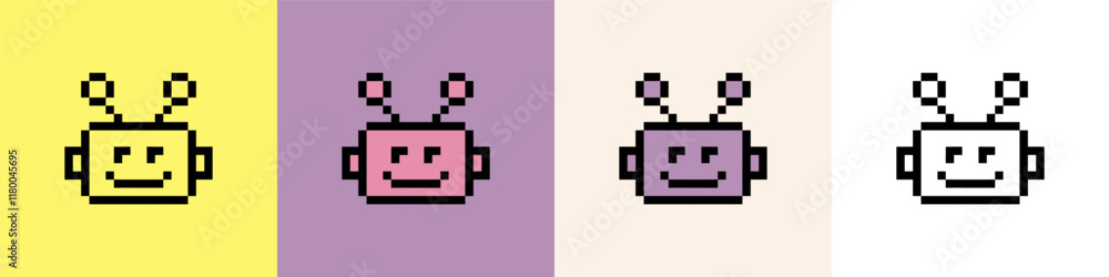 Poster cute bot pixel art icon line. robot head horizontal seamless pattern. chatbot 8 bit emoji. vintage r