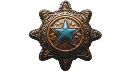 A stunning sheriff's badge with a turquoise star and intricate detailing